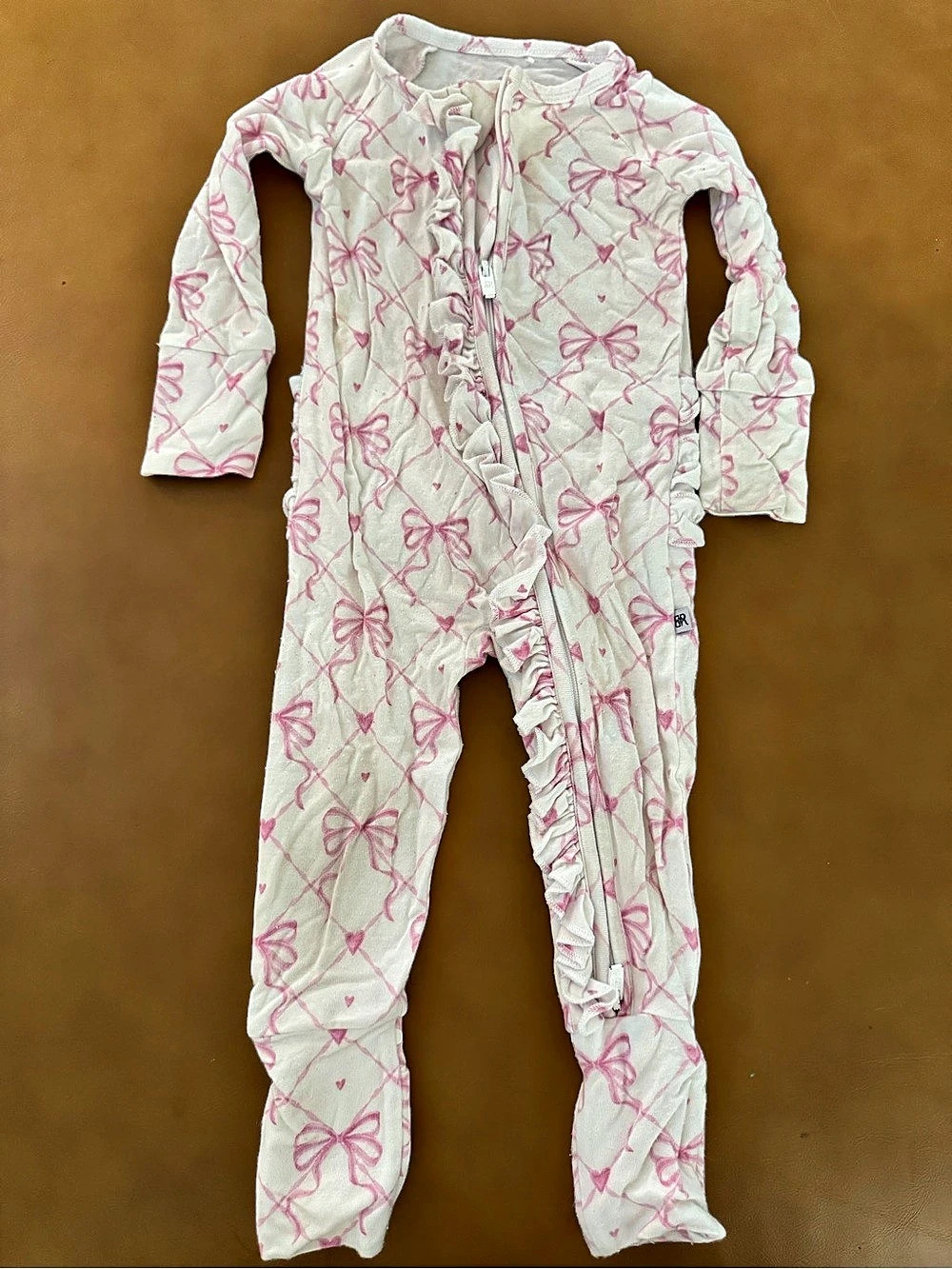 Bums & Roses Pink-a-Boo Ruffle Footie Pink & Cream